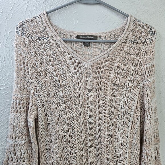 Tommy Bahama Tunic Top Open Knit Crochet M Tan Linen Minimalist Cover Up V Neck - Picture 3 of 12